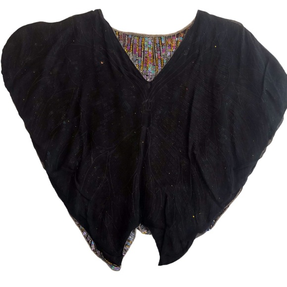 π VINTAGE Butterfly Sequin Boho Silk Crop Poncho - Picture 4 of 7